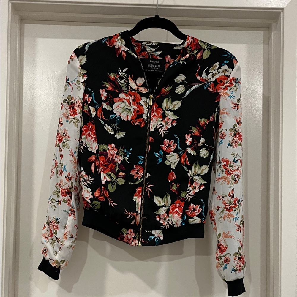Bershka Black Floral Bomber Jacket with White Floral Sleeves